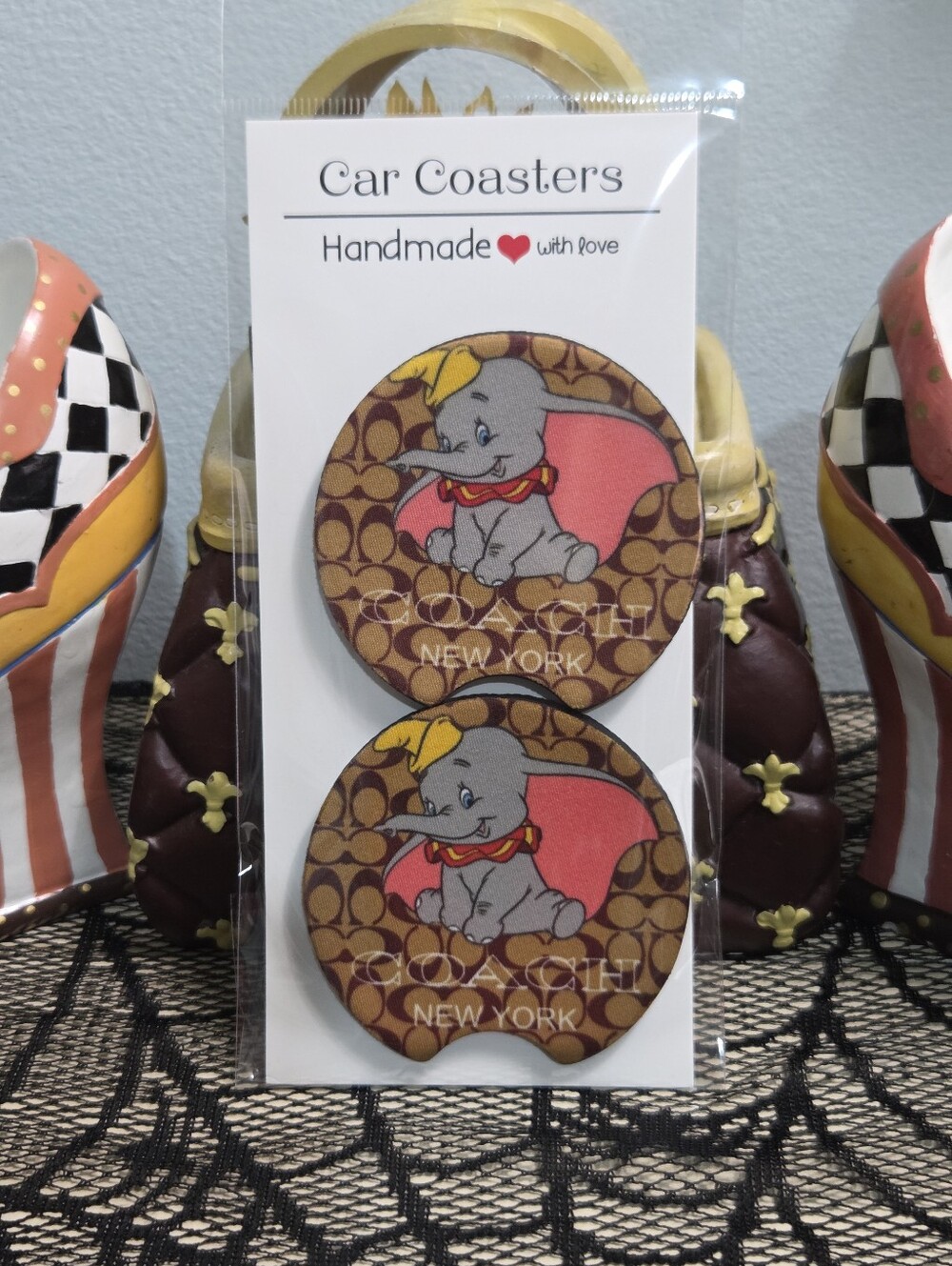 Handmade Designer Inspired Monogram Car Coasters Set of 2 - Dumbo NEW